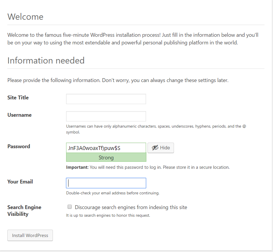 Wordpress site details setup